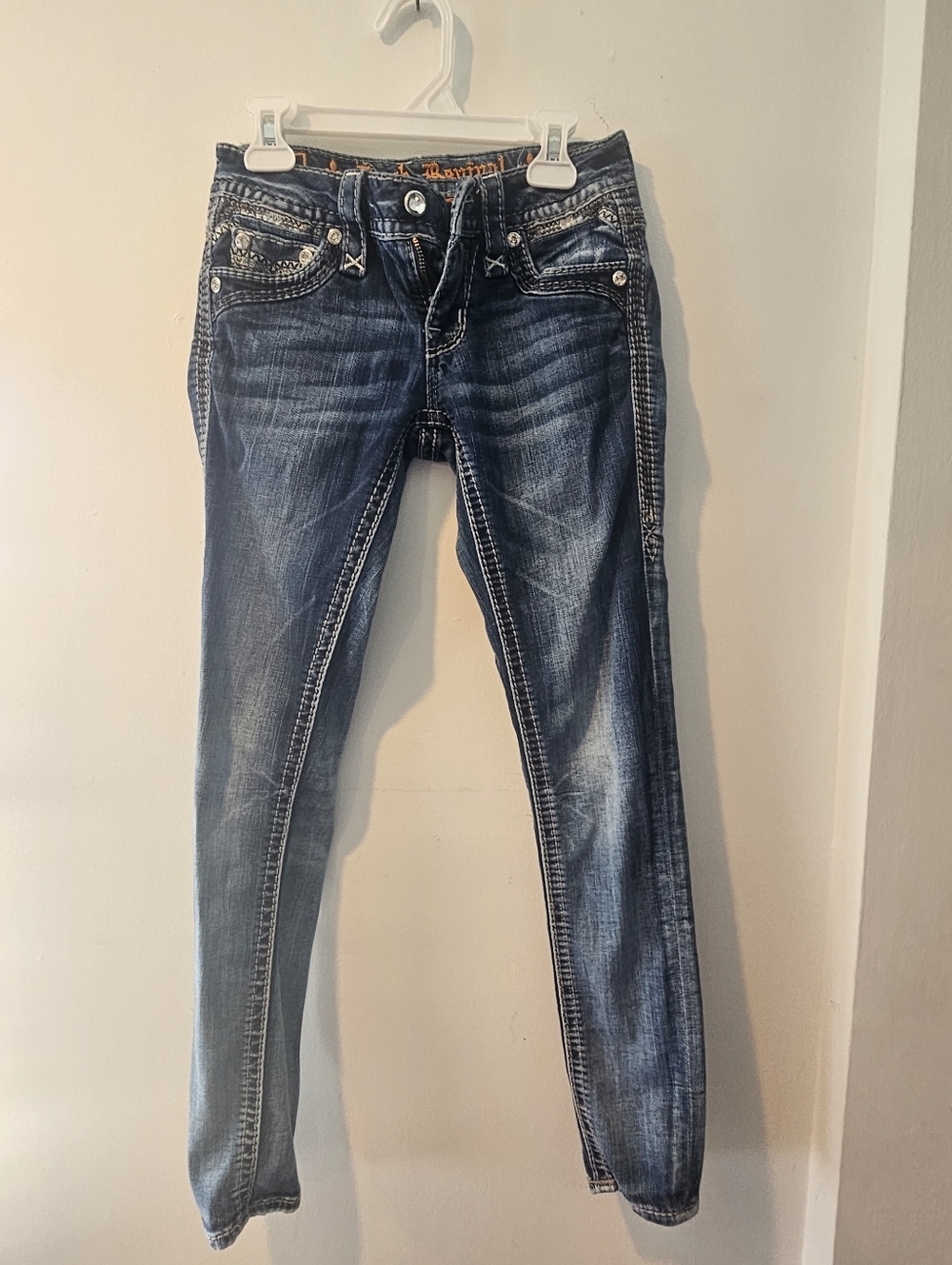 Rock Revival Celine Skinny Jeans Distressed Embroidered Pockets Size 23